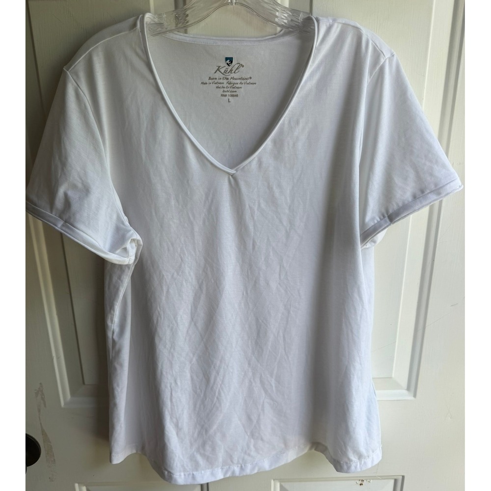 Kuhl Women's White V-Neck Short Sleeve Roll Cuff Basic Casual Tee Sz Large